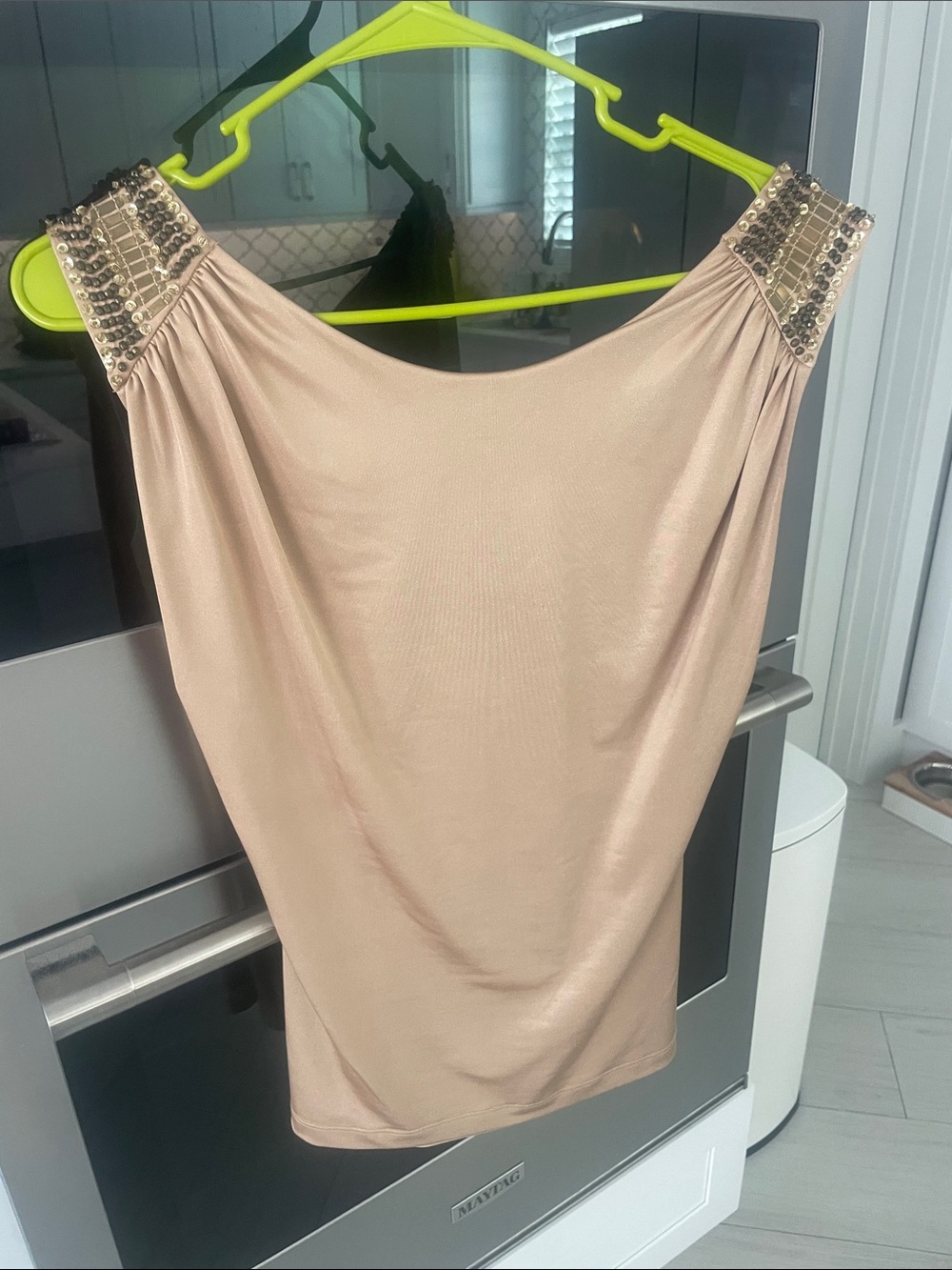 Cache Blush Tank Top with Beaded Shoulder Detail